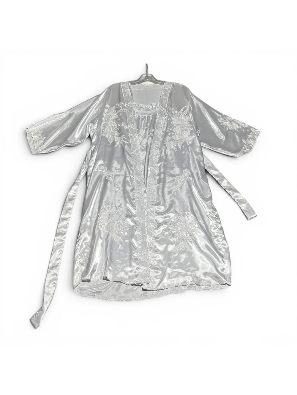 Vintage Silver Satin Lace Trim Robe and Nightgown Set